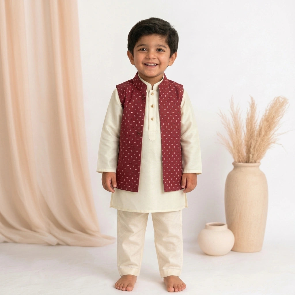 Sher x Tyohaar | White & Red Linen-Chandheri Kurta Pant & Jacket Set