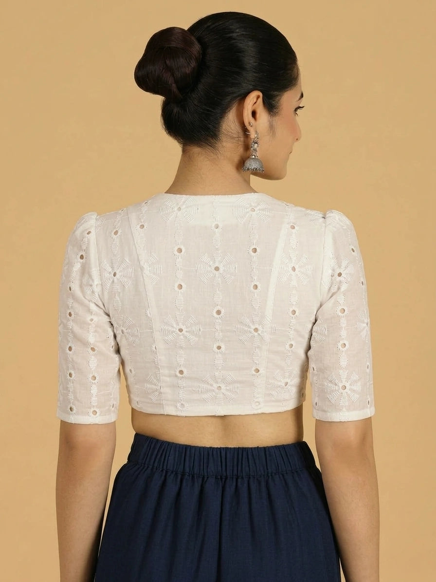 Shiuli | Puff Sleeve Pale Ivory Schiffli Cotton FlexiFit™ Saree Blouse