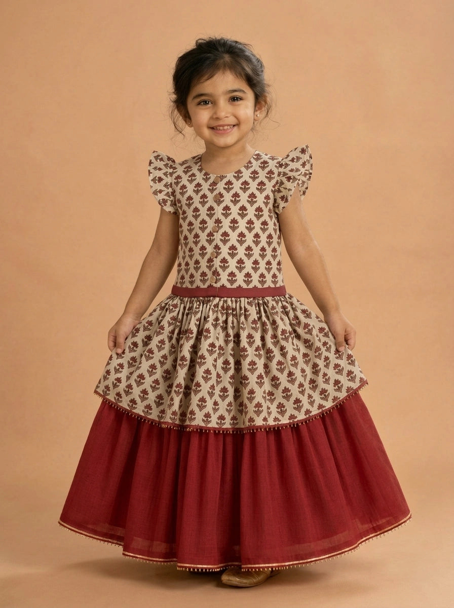 Tuli x Tyohaar | Tiered Lehenga Set in Tulip Bloom Cream Block Print Cotton