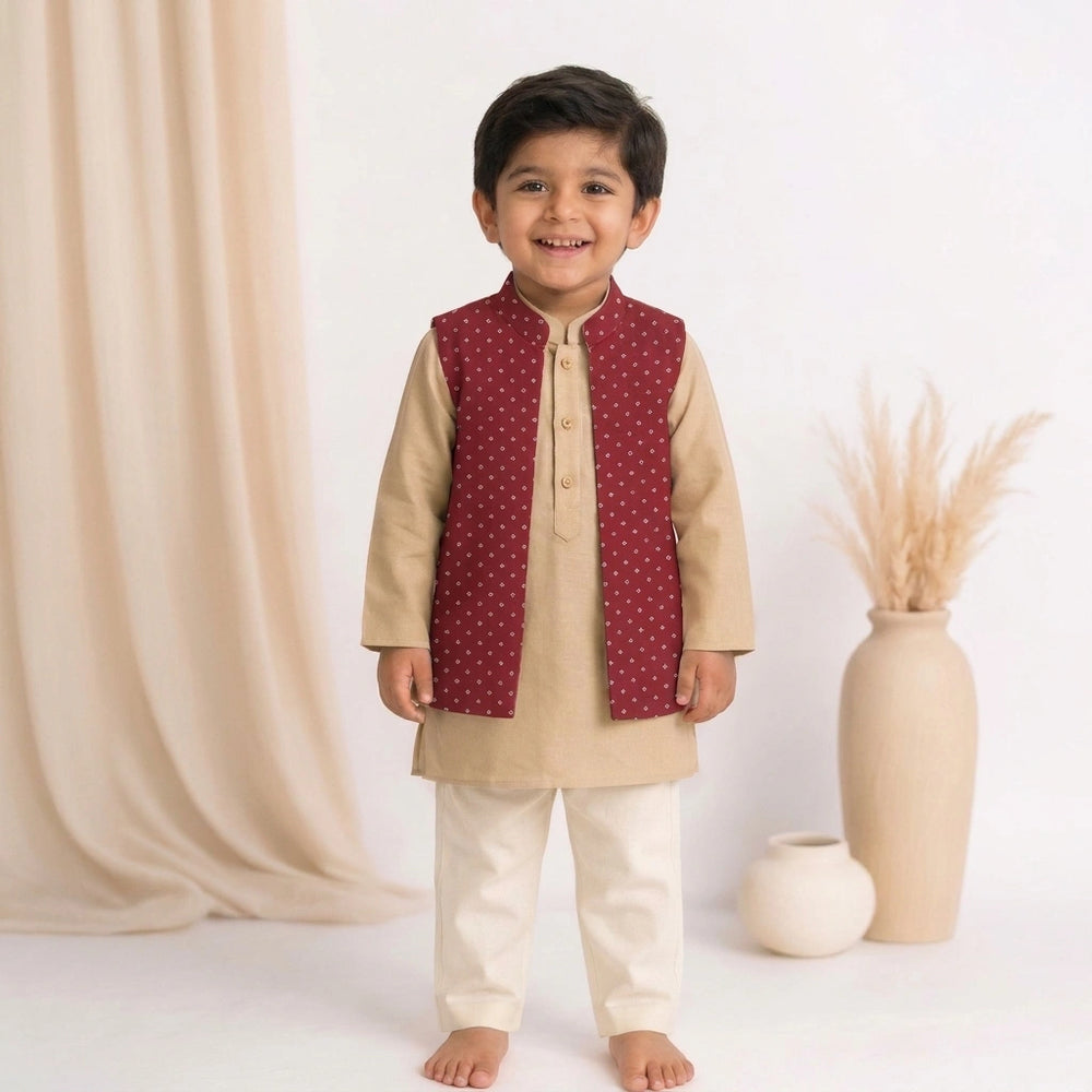 Sher x Tyohaar | Ecru & Red Linen-Chandheri Kurta Pant & Jacket Set
