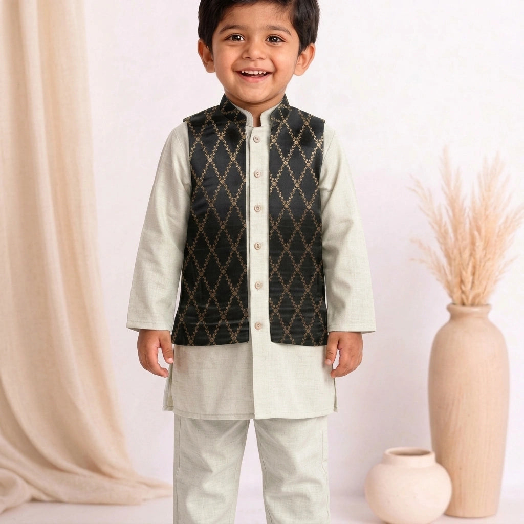 Jas x Tyohaar | White & Black Linen & Brocade Kurta Pant & Jacket Set