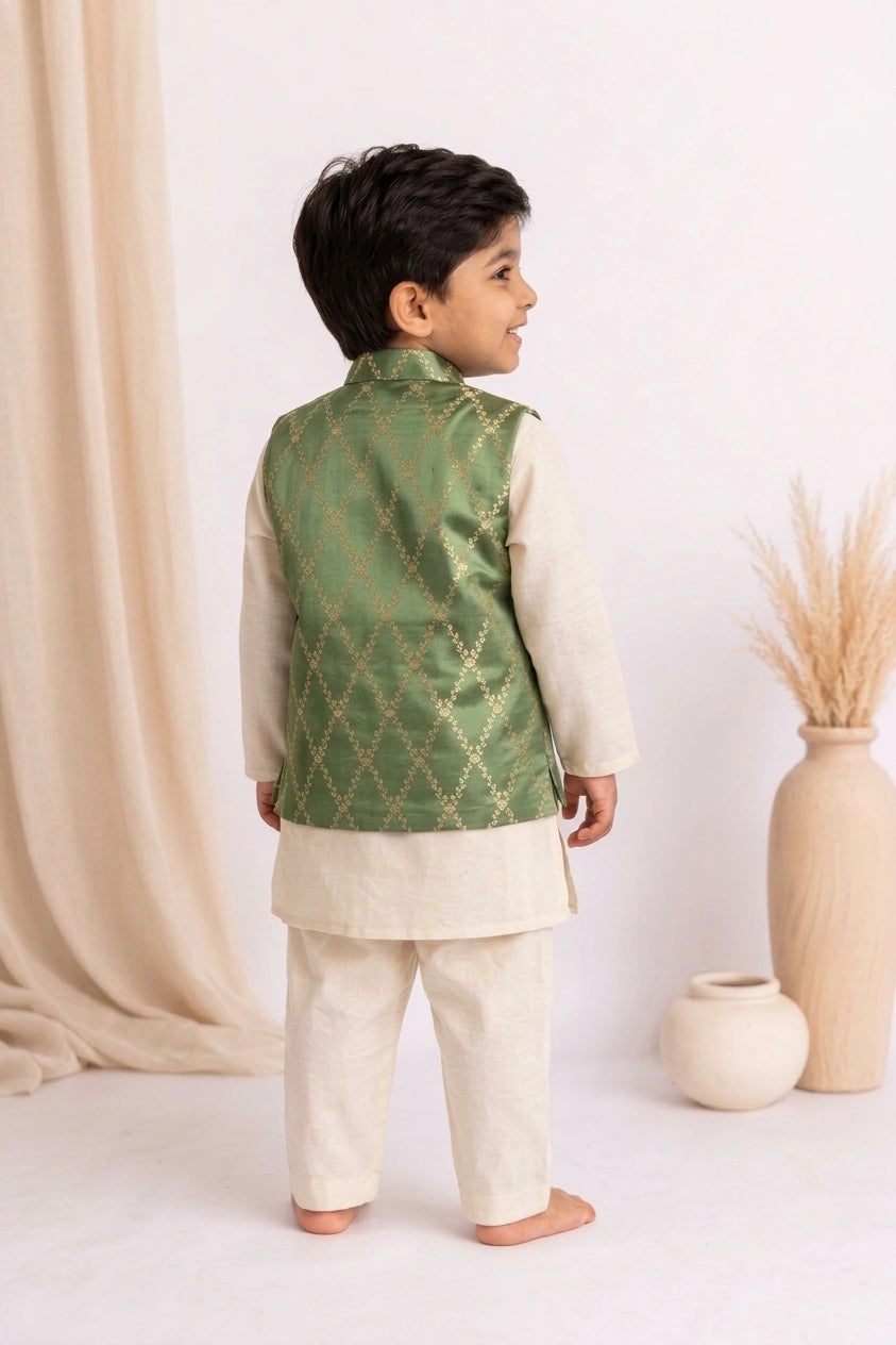 Jas x Tyohaar | White & Olive Linen & Brocade Kurta Pant & Jacket Set