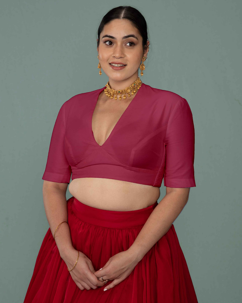 Zeenat Rani Pink Saree Blouse - Elbow Sleeves & Deep V-Neck