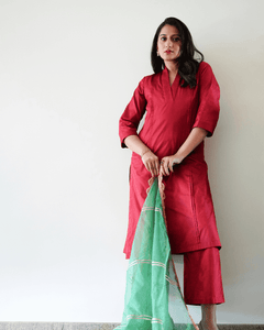  Vanya x Tyohaar | Red A-Line Art Silk V Neck Kurta with Detailing_1