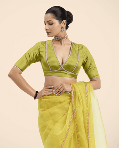  Zeenat x Tyohaar | Lemon Yellow Saree Blouse w/ FlexiFit™ and Gota Lace_1