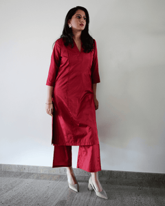  Vanya x Tyohaar | Red A-Line Art Silk V Neck Kurta with Detailing_2