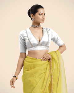  Zeenat x Tyohaar | Pearl White Saree Blouse w/ FlexiFit™ and Gota Lace_1