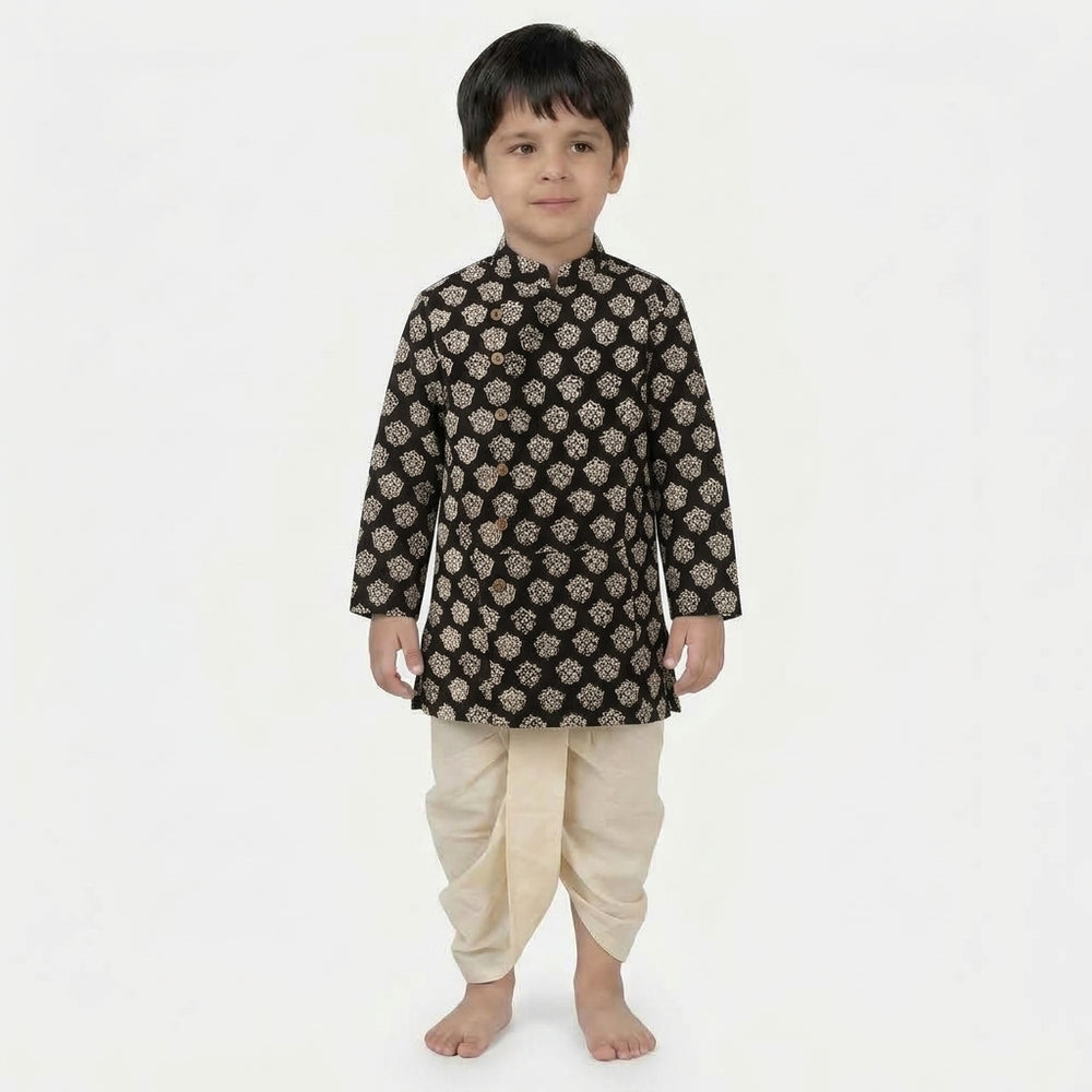 Veer x Tyohaar | Kurta & Dhoti Pant Set in Black Floral Block Print Cotton & Linen