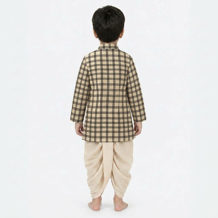 Anay x Tyohaar | Kurta & Dhoti Pant Set in Cream Windowpane Check Block Print Cotton & Linen