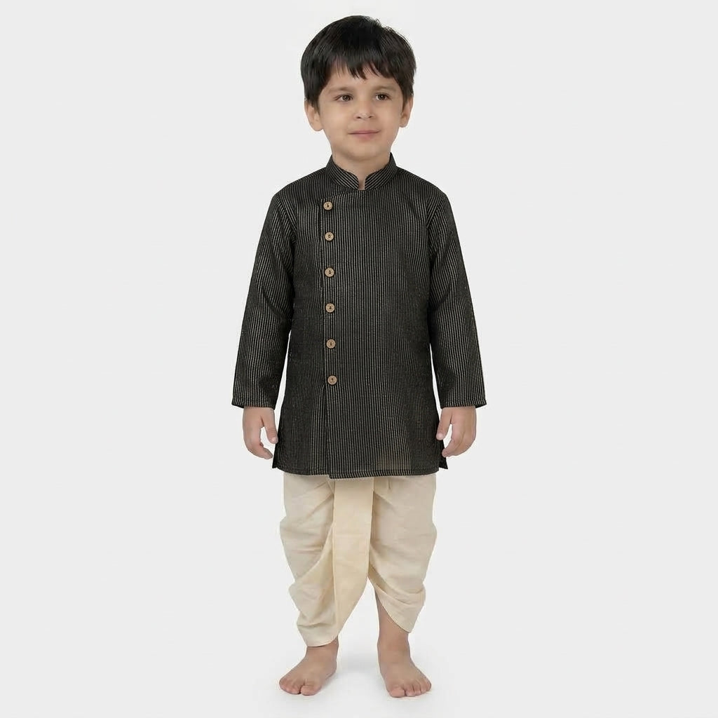 Kairav x Tyohaar | Kurta & Dhoti Pant Set in Black Silver Stripe Cotton & Linen