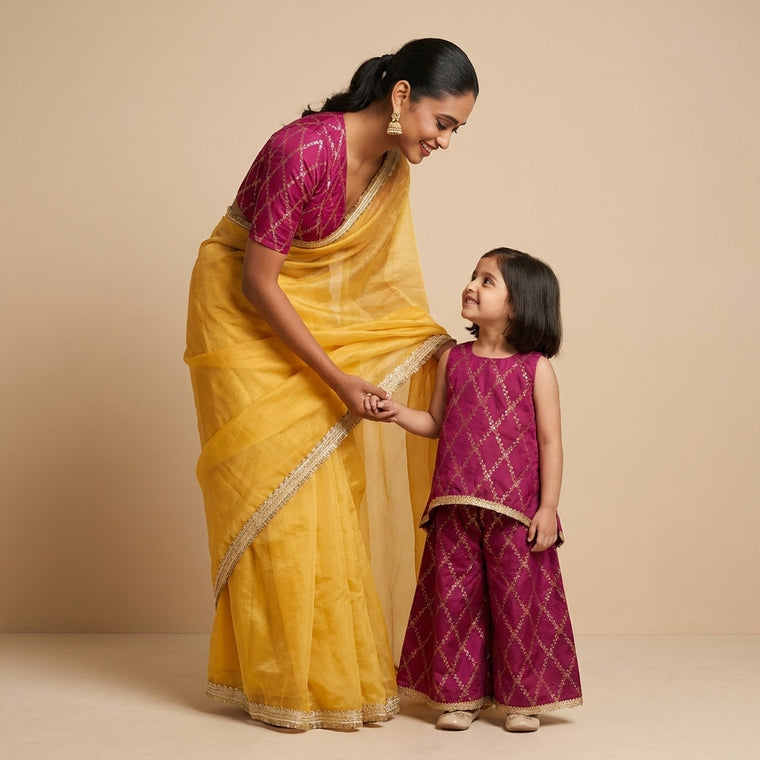 Mommy&Me | Poppy + Rubani Rosy Pink Vine Mesh Brocade Kurta Set & Saree Blouse Combo