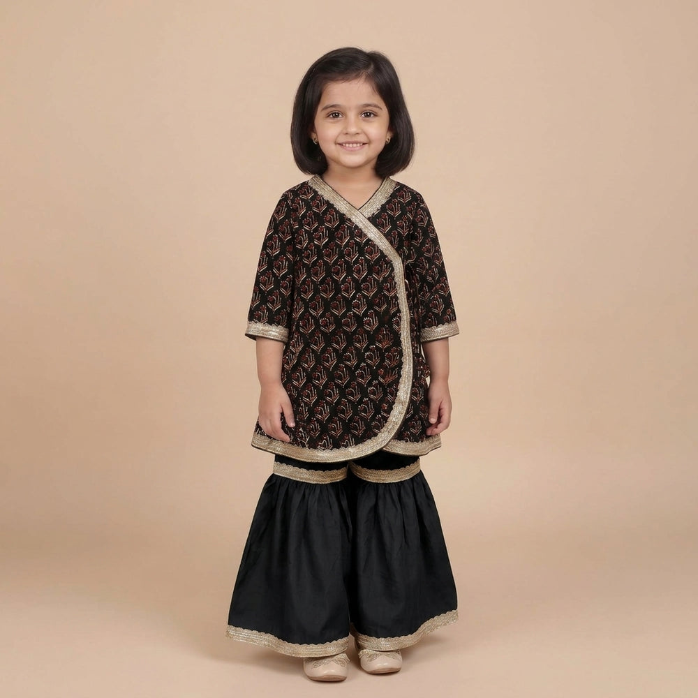 Lilya x Tyohaar | Angrakha-Sharara Set in Midnight Lily Block Print Cotton