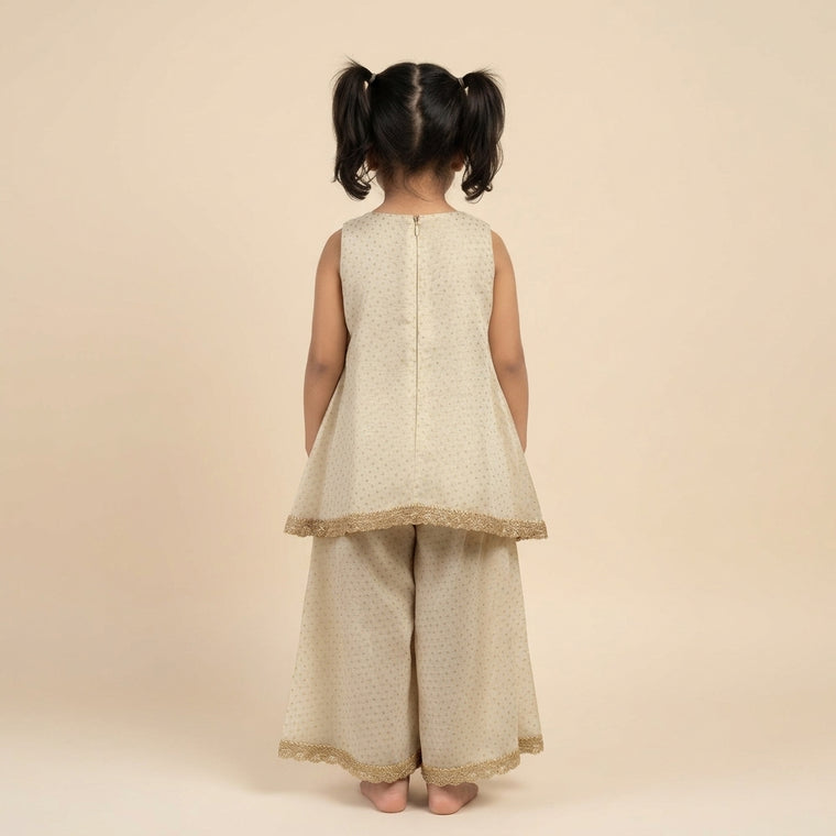 Kitty x Tyohaar | Oyster Grey Foil Chandheri Tent Style Kurta & Flared Pant Set