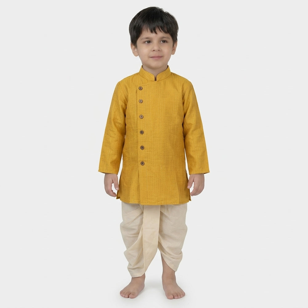 Kairav x Tyohaar | Kurta & Dhoti Pant Set in Yellow Silver Stripe Cotton & Linen