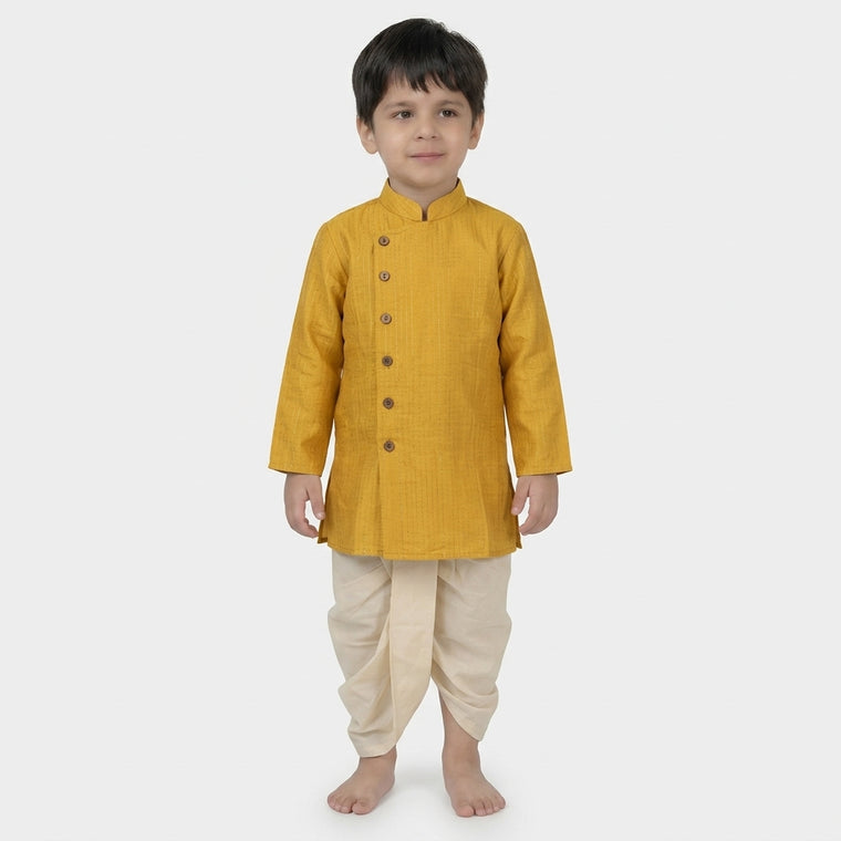 Kairav x Tyohaar | Kurta & Dhoti Pant Set in Yellow Silver Stripe Cotton & Linen