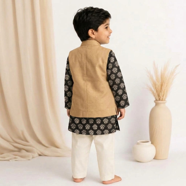Ayan x Tyohaar | Kurta Pant & Jacket Set in Black Floral Block Print Cotton & Linen