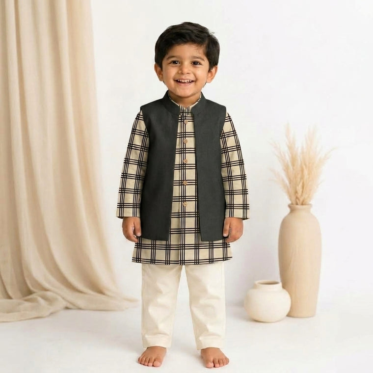 Jojo x Tyohaar | Kurta Pant & Jacket Set in Cream Windowpane Check Block Print Cotton & Linen