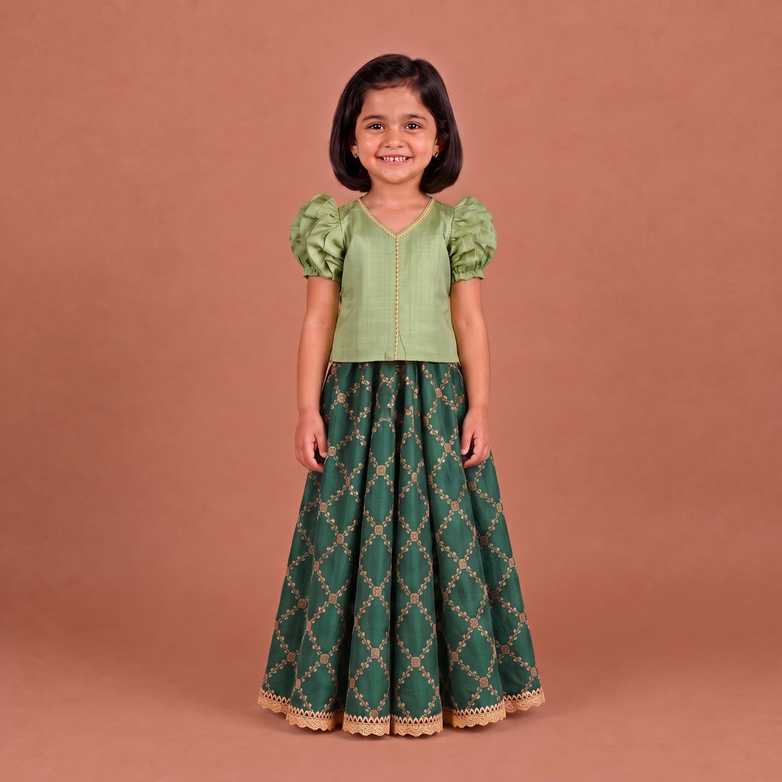 Timtim x Tyohaar | Light & Emerald Green Chandheri-Brocade Ruffle Sleeve Lehenga Set