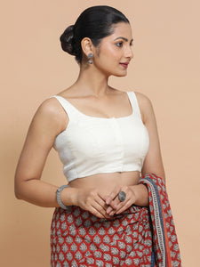 Mohini x Rozaana | Round Neck Ivory Mist Plain Cotton Saree Blouse