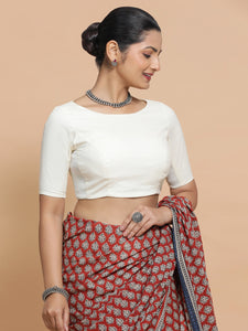 Kumud x Rozaana | Boat Neck Ivory Mist Plain Cotton Saree Blouse