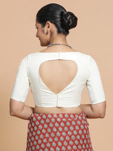 Kumud x Rozaana | Boat Neck Ivory Mist Plain Cotton Saree Blouse