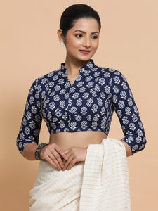 Ura x Rozaana | Three Quarter Sleeves Cotton Saree Blouse in Indigo Blue Flower Block Print Fabric