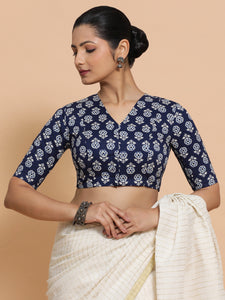 Kirti x Rozaana | Elbow Sleeves Cotton Saree Blouse in Indigo Blue Flower Block Print Fabric