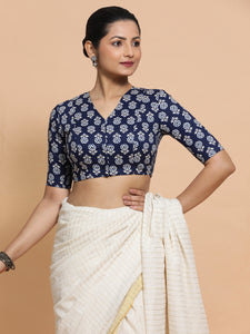 Kirti x Rozaana | Elbow Sleeves Cotton Saree Blouse in Indigo Blue Flower Block Print Fabric