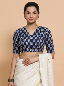 Kirti x Rozaana | Elbow Sleeves Cotton Saree Blouse in Indigo Blue Flower Block Print Fabric