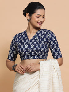 Kirti x Rozaana | Elbow Sleeves Cotton Saree Blouse in Indigo Blue Flower Block Print Fabric