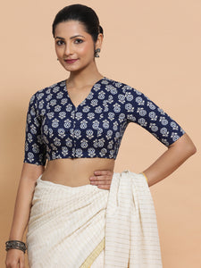 Kirti x Rozaana | Elbow Sleeves Cotton Saree Blouse in Indigo Blue Flower Block Print Fabric