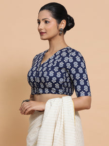 Kirti x Rozaana | Elbow Sleeves Cotton Saree Blouse in Indigo Blue Flower Block Print Fabric