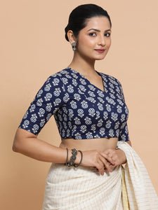 Kirti x Rozaana | Elbow Sleeves Cotton Saree Blouse in Indigo Blue Flower Block Print Fabric