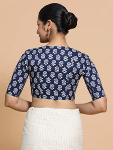 Kirti x Rozaana | Elbow Sleeves Cotton Saree Blouse in Indigo Blue Flower Block Print Fabric