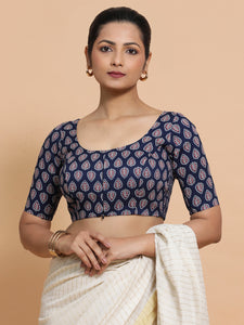 Falguni x Rozaana | Elbow Sleeves Cotton Saree Blouse in Indigo Blue Spade Block Print Fabric