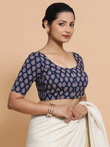 Falguni x Rozaana | Elbow Sleeves Cotton Saree Blouse in Indigo Blue Spade Block Print Fabric