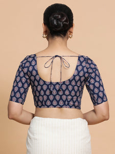 Falguni x Rozaana | Elbow Sleeves Cotton Saree Blouse in Indigo Blue Spade Block Print Fabric