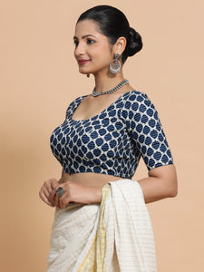 Hita x Rozaana | Elbow Sleeves Cotton Saree Blouse in Indigo Blue Leaf Block Print Fabric