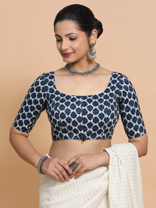 Vidhi x Rozaana | Three Quarter Sleeves Cotton Saree Blouse in Indigo Blue Leaf Block Print Fabric