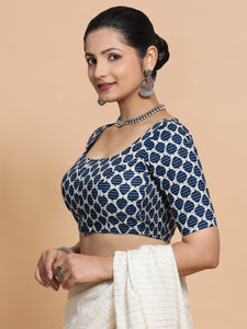 Vidhi x Rozaana | Three Quarter Sleeves Cotton Saree Blouse in Indigo Blue Leaf Block Print Fabric