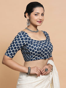 Vidhi x Rozaana | Three Quarter Sleeves Cotton Saree Blouse in Indigo Blue Leaf Block Print Fabric