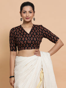 Ishani x Rozaana | Elbow Sleeves Cotton Saree Blouse in Black Mango Block Print Fabric