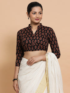 Inaaya x Rozaana | Three Quarter Sleeves Cotton Saree Blouse in Black Mango Block Print Fabric