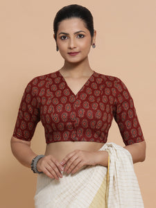 Ishani x Rozaana | Elbow Sleeves Cotton Saree Blouse in Red Mango Block Print Fabric