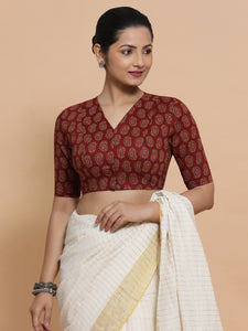 Ishani x Rozaana | Elbow Sleeves Cotton Saree Blouse in Red Mango Block Print Fabric