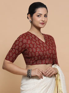 Ishani x Rozaana | Elbow Sleeves Cotton Saree Blouse in Red Mango Block Print Fabric