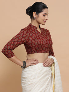 Inaaya x Rozaana | Three Quarter Sleeves Cotton Saree Blouse in Red Mango Block Print Fabric