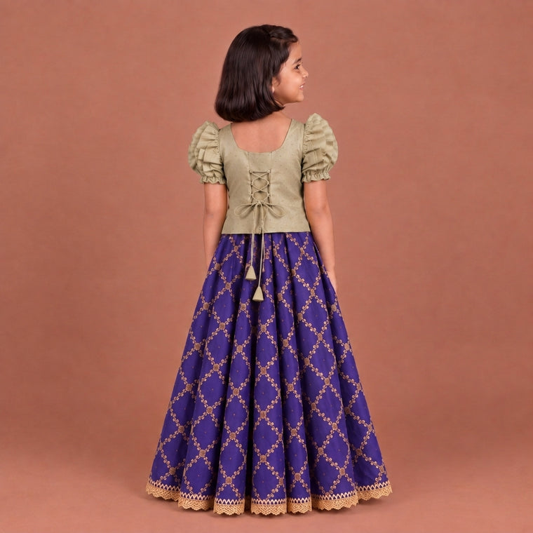 Timtim x Tyohaar | Oyster Grey & Regal Purple Chandheri-Brocade Ruffle Sleeve Lehenga Set
