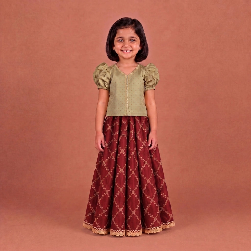 Timtim x Tyohaar | Oyster Grey & Berry Red Chandheri-Brocade Ruffle Sleeve Lehenga Set