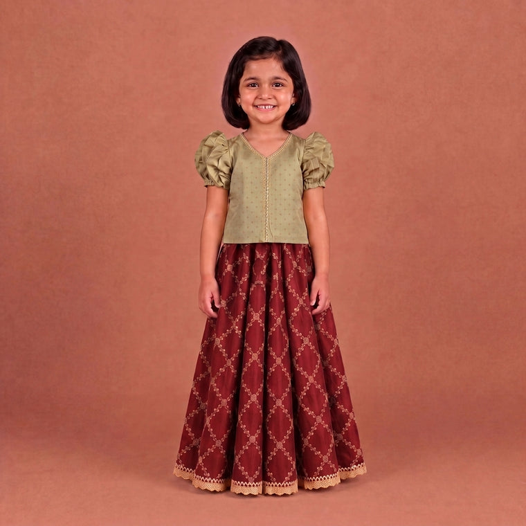 Timtim x Tyohaar | Oyster Grey & Berry Red Chandheri-Brocade Ruffle Sleeve Lehenga Set